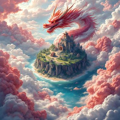 Primary subject: A dragon with a castle on its back.
Setting/background: A cloudy sky.
Visual style: Digital art.
Colors and mood: Pink and purple, with a whimsical and fantastical atmosphere.